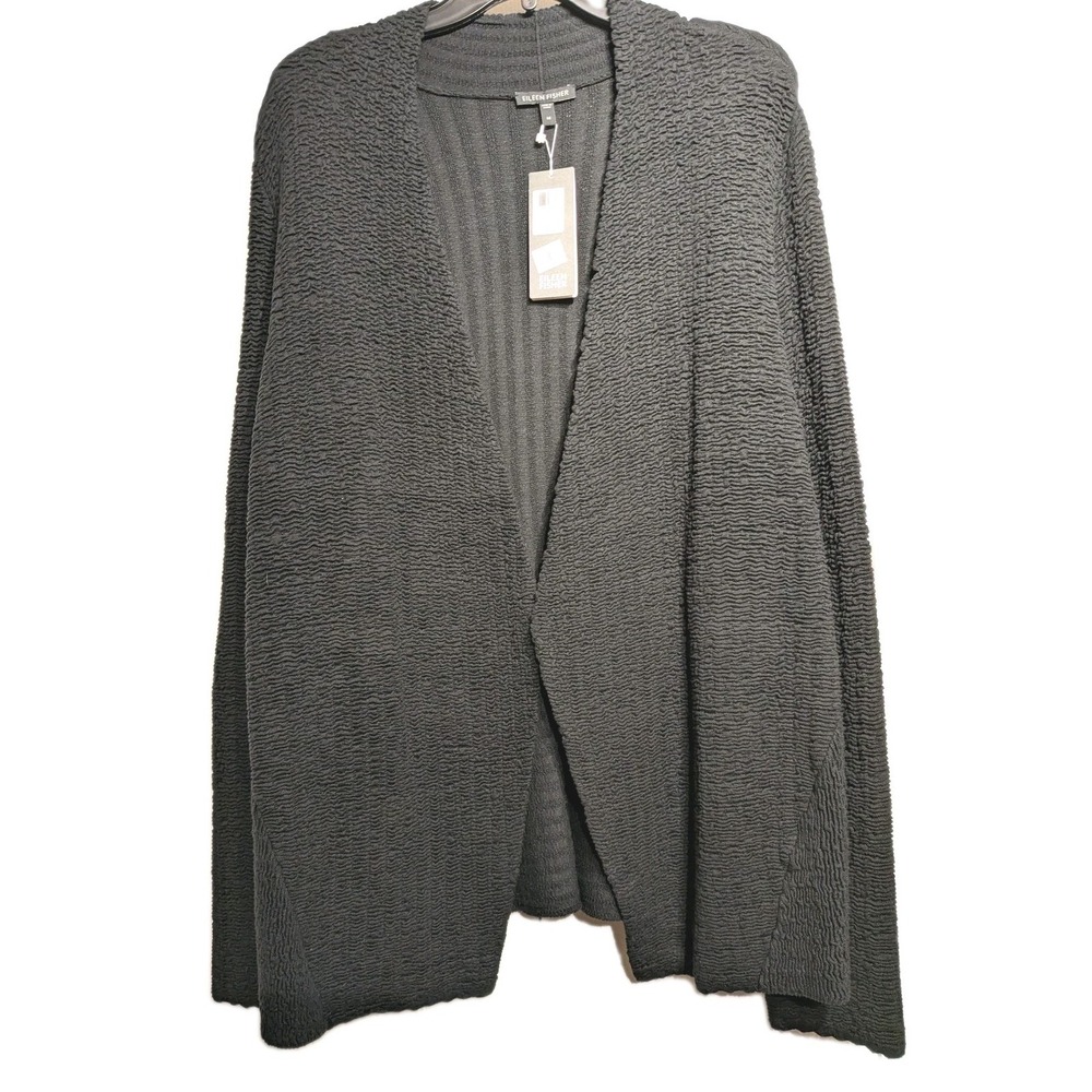Eileen Fisher Jacket Women M Blk Silk Blend Sheen Jacquard Angle Front Open NWT
